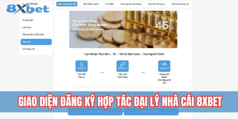 Giao diện đăng ký hợp tác đại lý nhà cái 8xbet